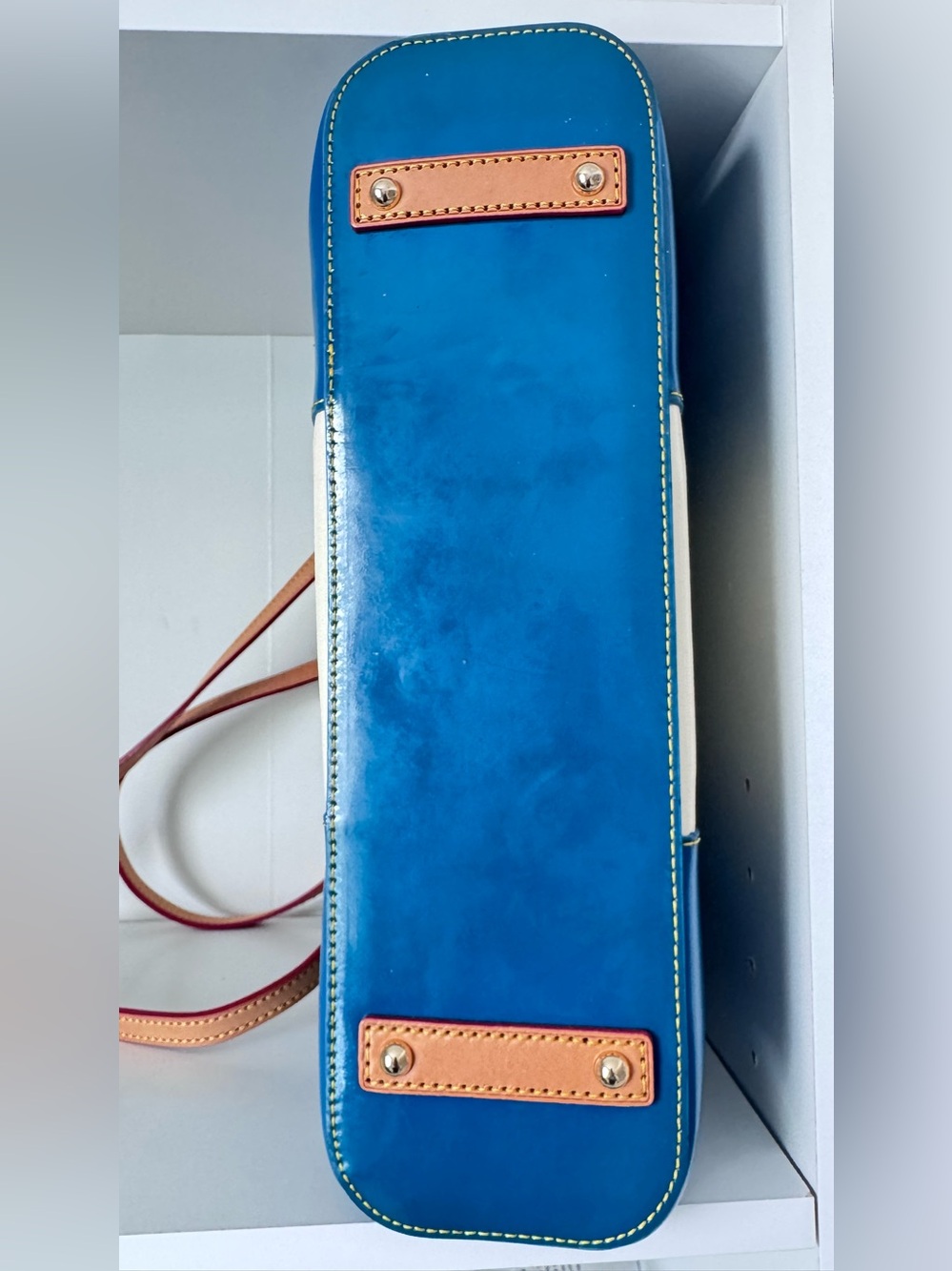 Dooney & Bourke Blue & Cream Patent Leather Tote with Tan Straps - Picture 8 of 10